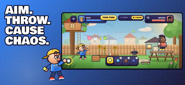 Backyard Wars App Store screenshot: “Aim. Throw. Cause chaos.” Max mid-throw in the backyard