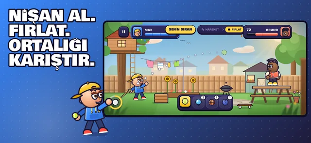 Backyard Wars App Store ekranı: “Nişan al. Fırlat. Ortalığı karıştır.” Max arka bahçede atış sırasında
