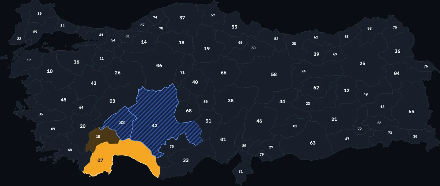 The in-game map of Türkiye: 81 provinces with their plate numbers; Antalya in amber, Isparta and Konya hatched in cobalt