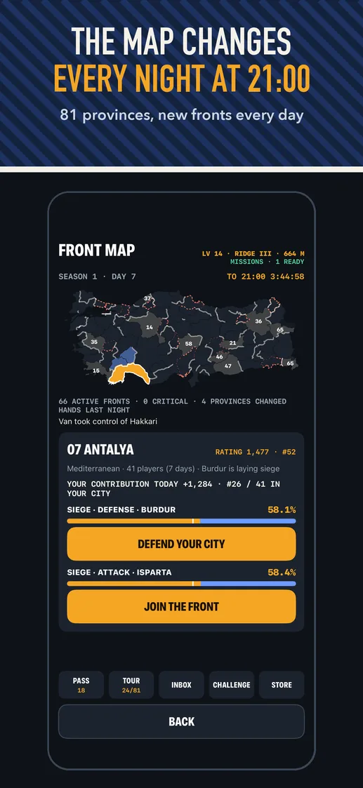 App Store screenshot: THE MAP CHANGES EVERY NIGHT AT 21:00 — 81 provinces, new fronts every day