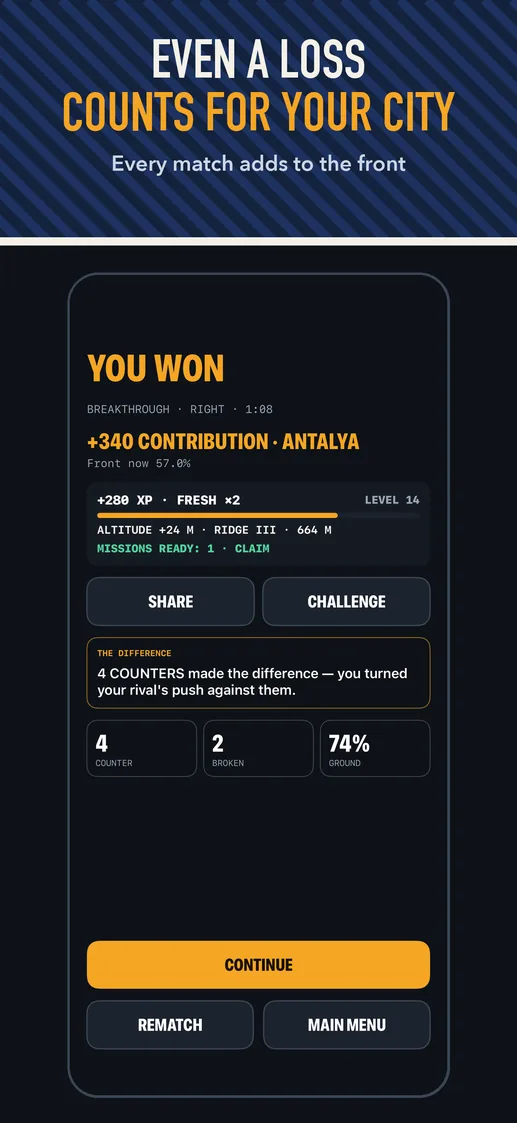 App Store screenshot: EVEN A LOSS COUNTS FOR YOUR CITY — Every match adds to the front