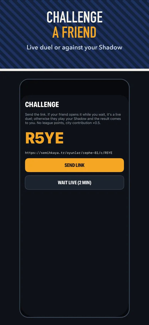 App Store screenshot: CHALLENGE A FRIEND — Live duel or against your Shadow