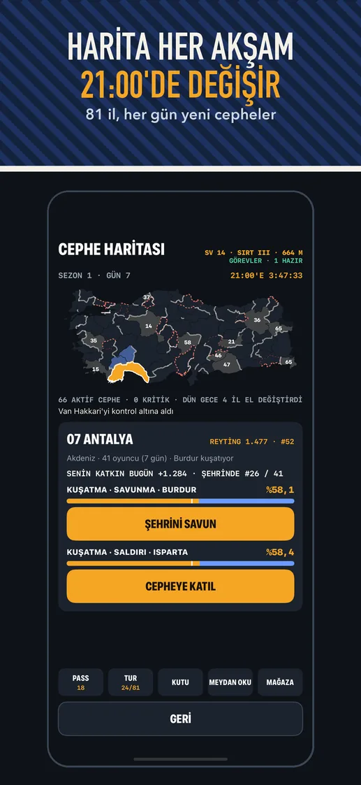 App Store ekranı: HARİTA HER AKŞAM 21:00’DE DEĞİŞİR — 81 il, her gün yeni cepheler