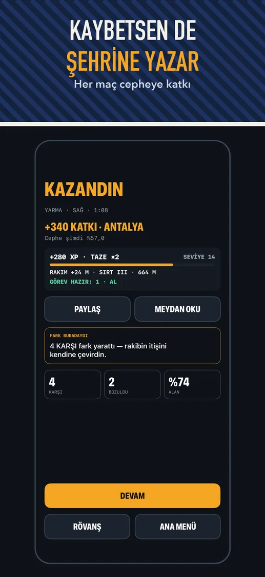 App Store ekranı: KAYBETSEN DE ŞEHRİNE YAZAR — Her maç cepheye katkı