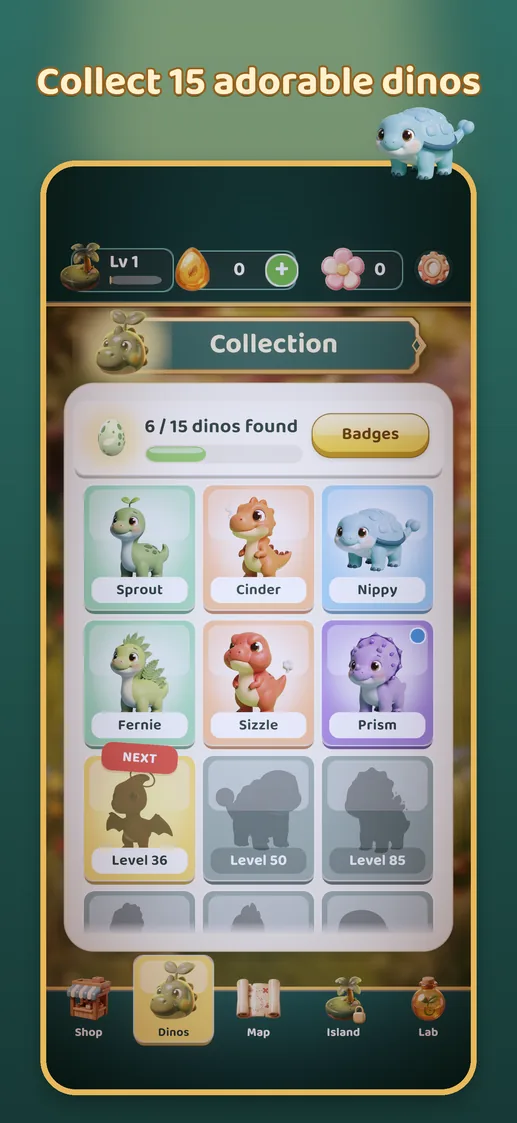 App Store screen: Collect 15 adorable dinos
