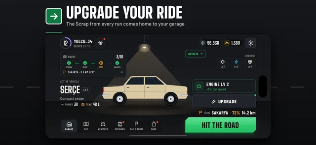 App Store screenshot: Power up your ride — the Scrap from every run goes to your garage