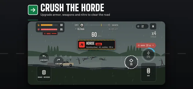 App Store screenshot: Crush the horde — upgrade armor, weapons and nitro