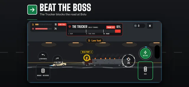 App Store screenshot: Beat the boss — the Trucker blocks the road in Bolu