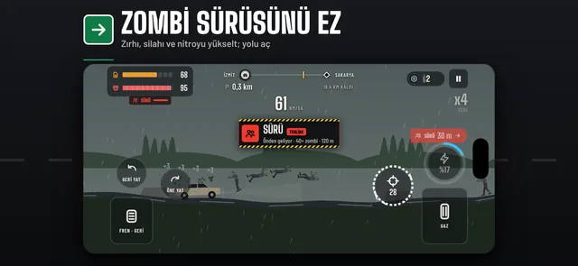 App Store ekranı: Zombi sürüsünü ez — zırhı, silahı ve nitroyu yükselt
