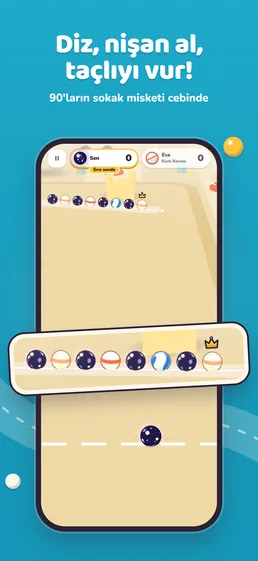 App Store screenshot: Line up, aim, hit the crowned one! — the ’90s street marble game in your pocket
