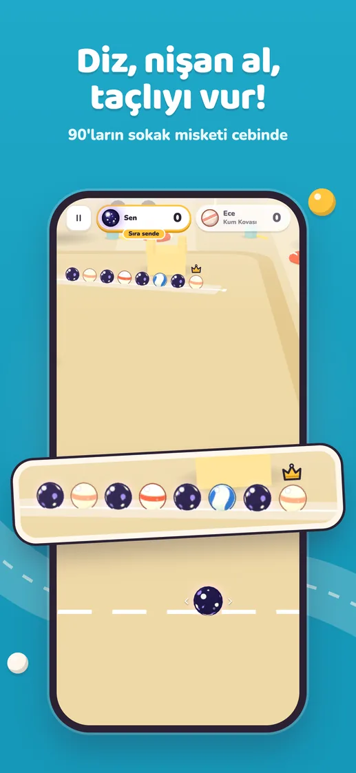 App Store screenshot: Line up, aim, hit the crowned one! — the ’90s street marble game in your pocket