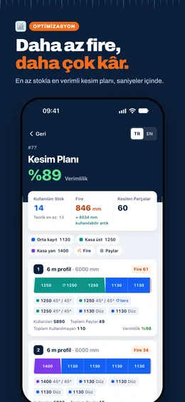 1DCut iOS App Store ekranı: “Daha az fire, daha çok kâr.” kesim planı ve verim