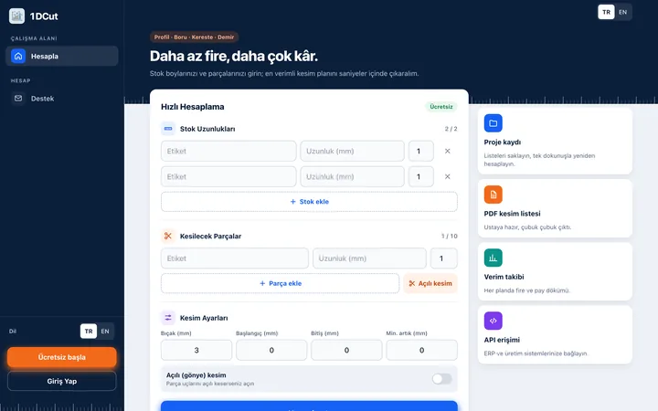 1DCut web uygulaması: hızlı hesaplama ekranında stok uzunlukları, kesilecek parçalar ve kesim ayarları